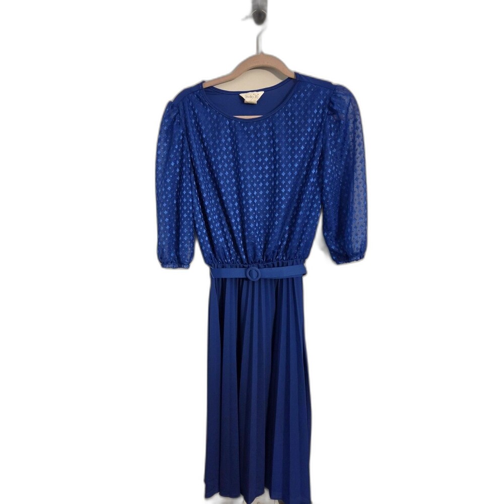 VintageStudio 36 Blue Geometric Chiffon A-Line Dress Belted Pleated Size 12